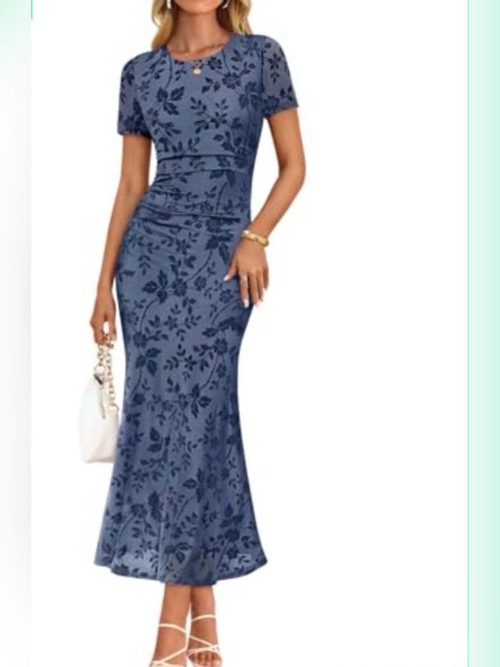 NWT ZESICA Blue Floral Ruched Bodycon Midi Dress Lined Stretch S Party Wedding